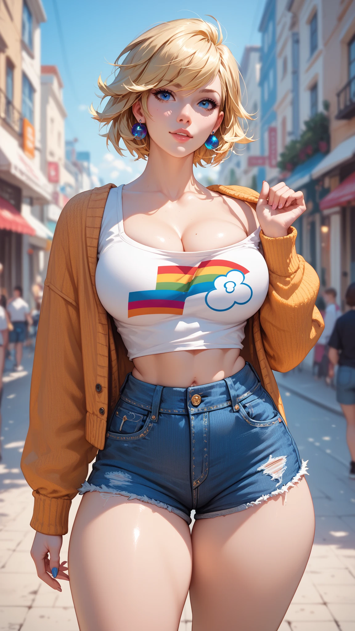 Muscular girl, short blonde hair, devil figure, (huge and amazingly large breasts), (the action of stuffing two huge balloons into the clothes), the action pose, (showing the waist), (white vest and white skinny ripped jeans), (wearing a blue denim jacket)
