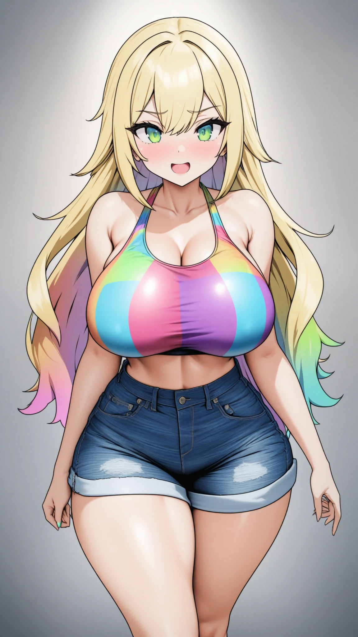 Shera, masterpiece, best quality, 1 Girl, Blonde Hair, Large Breasts, Ponytail, only, Crop Top, Shorts Jeans, Necklace, (Graffiti:1.5), Splash with purple lightning pattern., Arms behind your back, Against the wall, looking at the audience, bracelet, Thigh straps, Head tilt, boring, Ponytail, Water Eye,(((Large Breasts)))Breast sagging、Low-cut(((Cleavage )))、(((Wide hips,)))(((Hourglass figure)))((Long legs)),