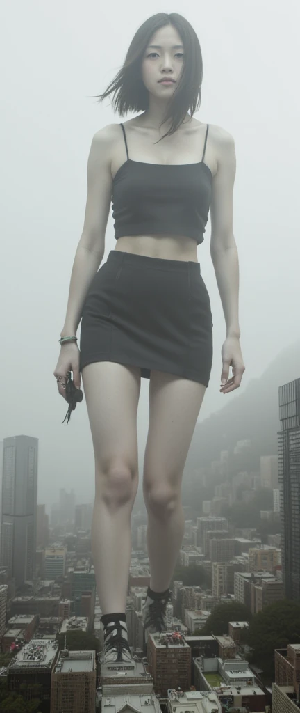 "A towering Giantess in a cool and laid-back hippie style is rocking a crop top and baggy skirt. (barely visible white panties). Her toned and athletic build hints at her massive strength. She seems to be casually strolling through the bustling cityscape of GTS City, as towering buildings loom overhead. Smoke and clouds roil around her, adding to the sense of epic scale and drama. The lighting is dark, gloomy, and realistic, creating a tense and ominous atmosphere. The perspective is from below, emphasizing the sheer majesty and power of the Giantess."