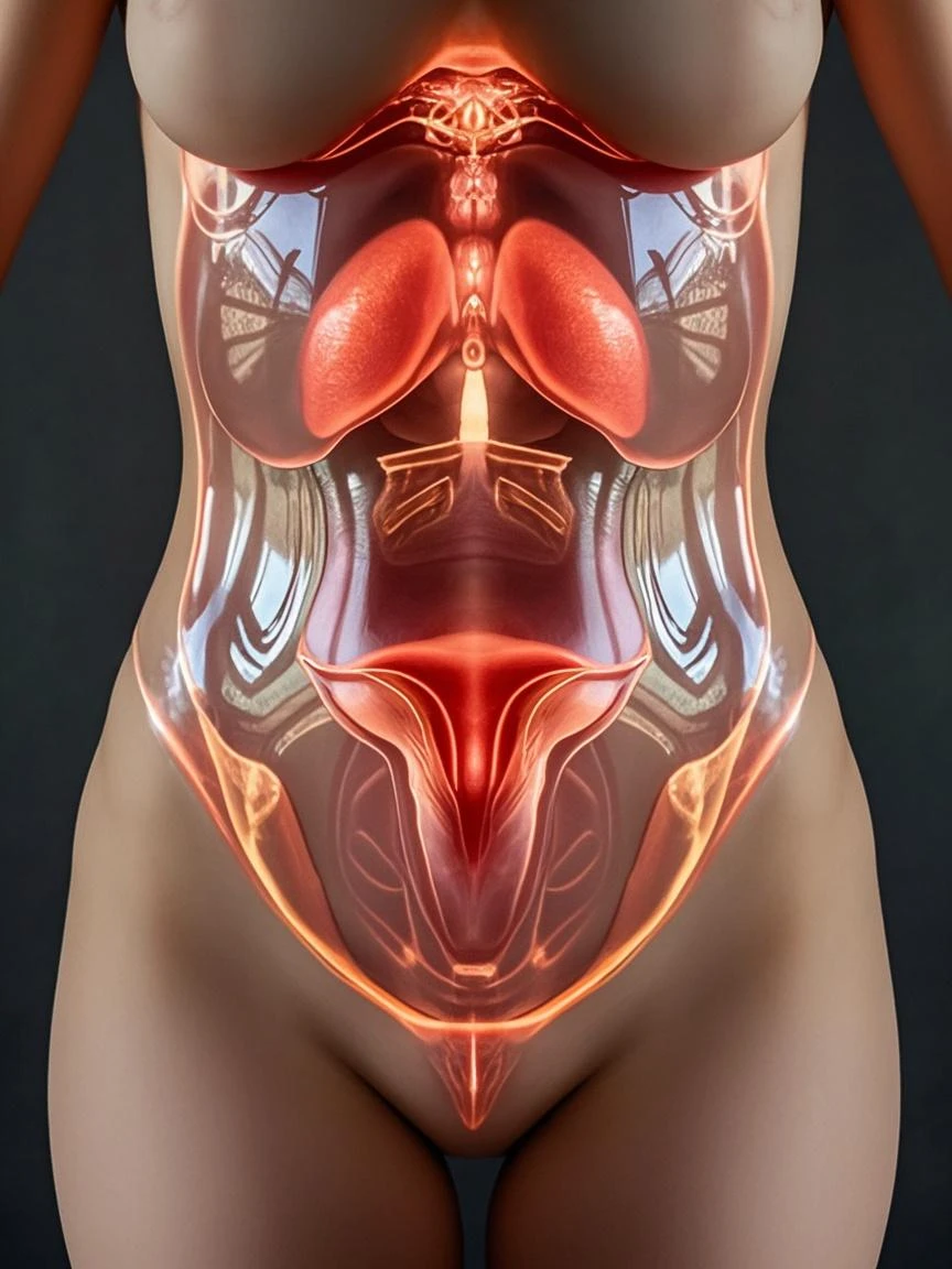 (The female reproductive system), (ovary), (oviduct), (uterus), (Vaginal lining), (all of them Float in a glass container filled with liquid), masterpiece, top-quality,photorealistic