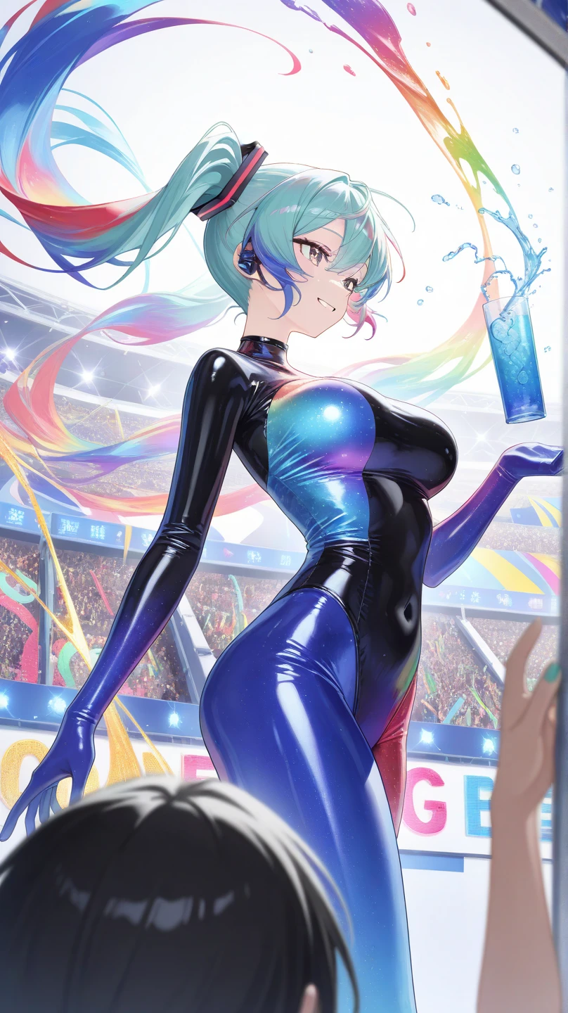Milla Jovovich *ahe 20, neon rainbow hair, matching metal tape outfit) is performing on stage, likely performance, big leg movements
