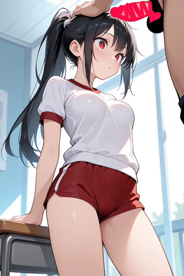cute girl in track clothes, busty, long hair, leaning downwards, bending over arching back, small waist, fellatio side view, sucking mans dick, perky ass side view, exposed stomach
