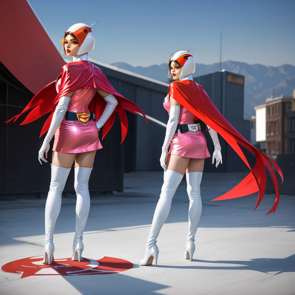 ANI_CLASSIC_jun_gatchaman_ownwaifu,1girl, 15yo,good anatomy, masterpiece, best quality,realistic, hyper realistic, 16k hdr, long hair,breasts,lips,large breasts,lipstick,makeup,gloves,cape,helmet,belt,elbow gloves,white gloves,mask,ultra miniskirt,leotard,spacesuit,white tight overknee highheels boots,pink dress,superhero,bodysuit,cleavage,erected nipples,(standing pose,front view),(spread legs:1.1)
