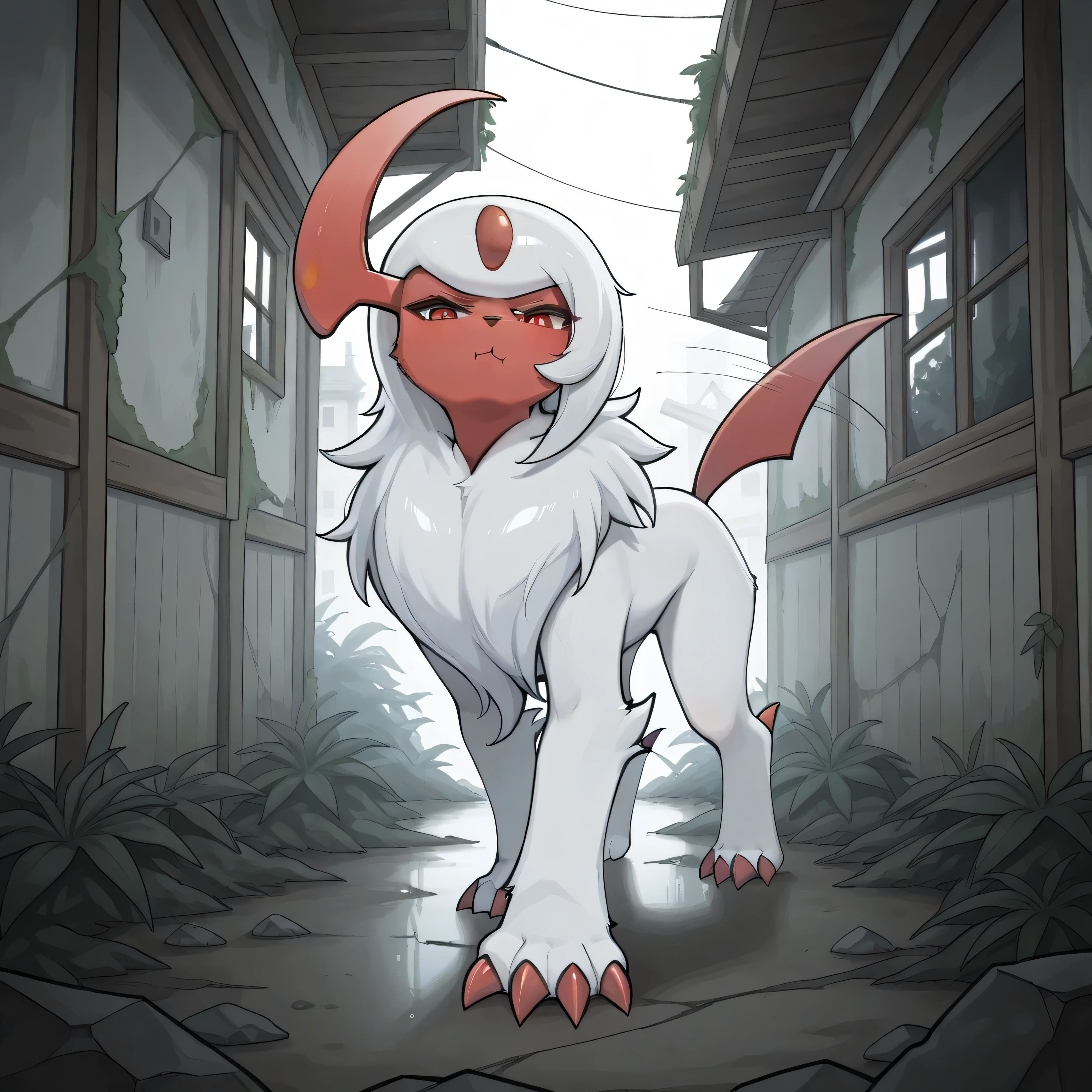 masterpiece, best quality, amazing quality, abandoned house, overgrown, 1girl, solo, pov, absol, red skin, shiny pokemon, shiny absol, feral, quadruped, red claws, paws, fluffy fur, white fur, pouting, viewer squeezing face, funny expression, standing up, on rear legs, looking at viewer, wagging tail, idiotsandwichalt,