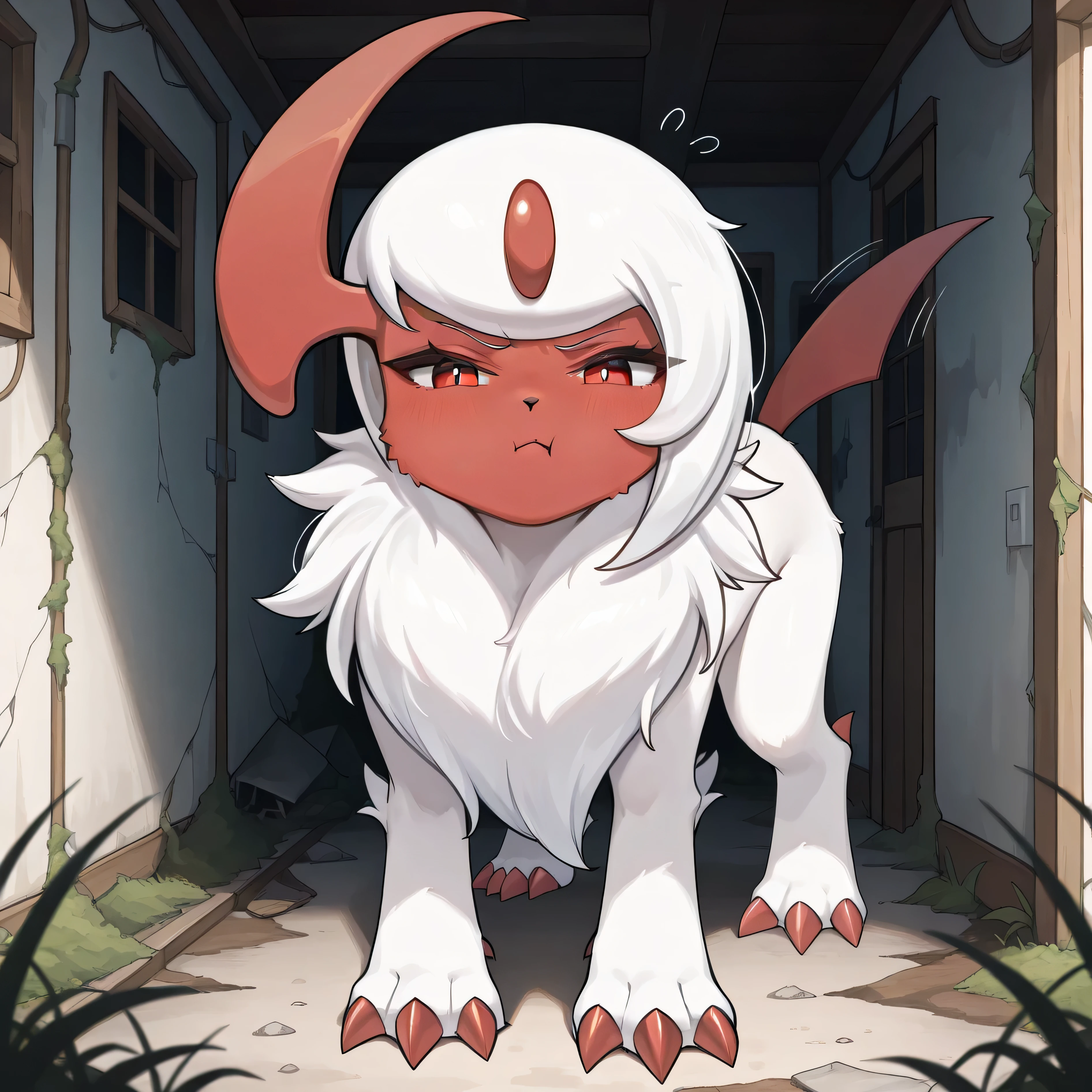 masterpiece, best quality, amazing quality, abandoned house, overgrown, 1girl, solo, pov, absol, red skin, shiny pokemon, shiny absol, feral, quadruped, red claws, paws, fluffy fur, white fur, pouting, viewer squeezing face, funny expression, standing up, on rear legs, looking at viewer, wagging tail, idiotsandwichalt,