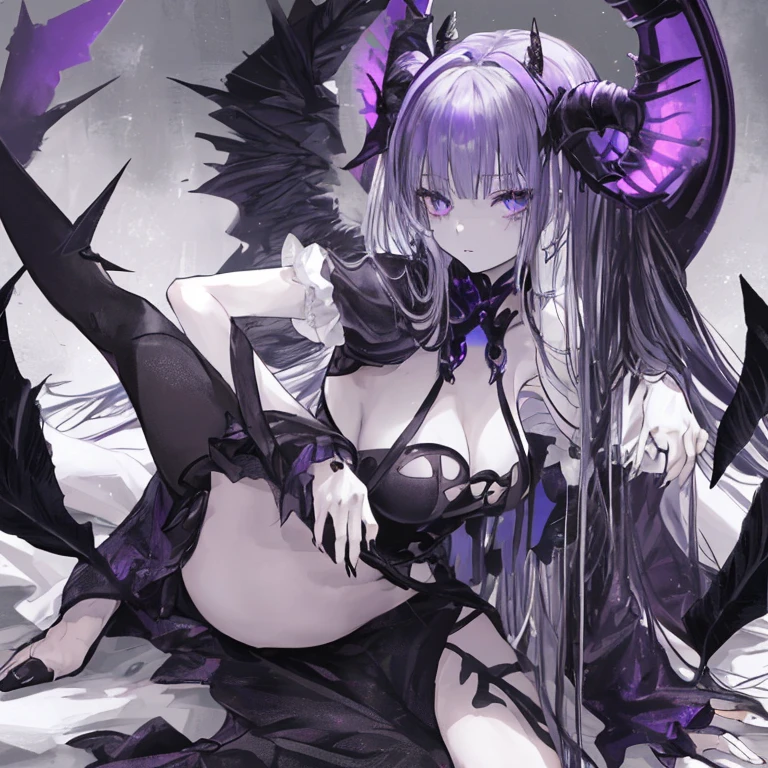 woman　long light purple hair（Messy Hair）　Frightened by fear　Desperate　get caught　Dungeons　another world　Surrounded by monsters　The monster grabbed my arm.　eyes half open　Crying face　Tears overflow　Open your mouth a little、White Armor（Off the shoulder、No sleeve、Belly button、Thigh exposure）　Give up　Surrounded by monsters　The monster grabbed my arm.　Long legs　Captured by a monster　Surrounded by monsters　insult　capture　The background is a pitch black hell where no light can penetrate..