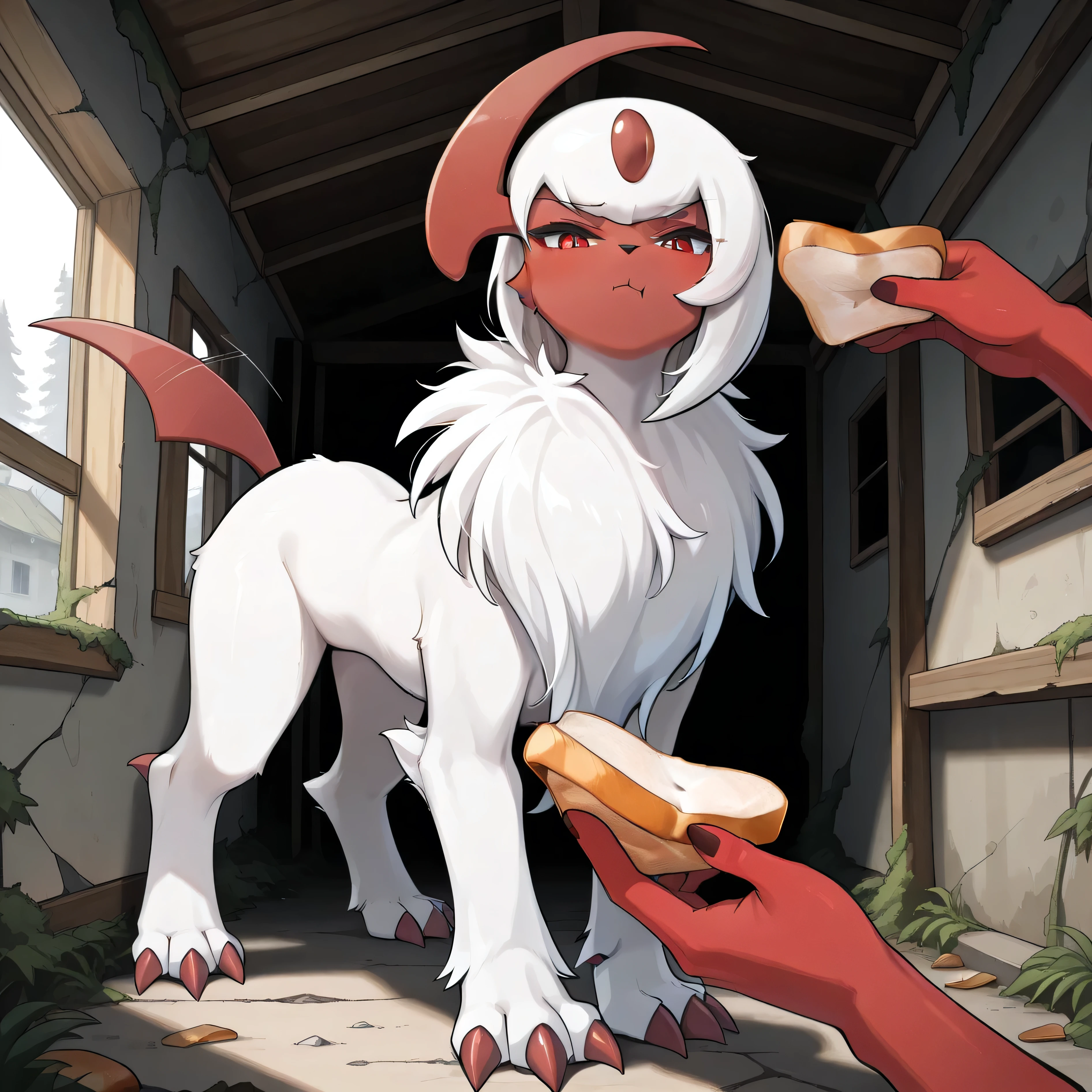 masterpiece, best quality, amazing quality, abandoned house, overgrown, 1girl, solo focus, absol, red skin, shiny pokemon, shiny absol, feral, quadruped, red claws, paws, fluffy fur, white fur, pouting, funny expression, standing up, on rear legs, looking at viewer, wagging tail, idiotsandwichalt, holding food, bread slice, pov hands, disembodied hands, squeezing absol head with bread slices,