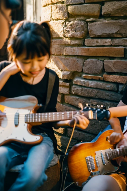 Boys and girls playing guitar