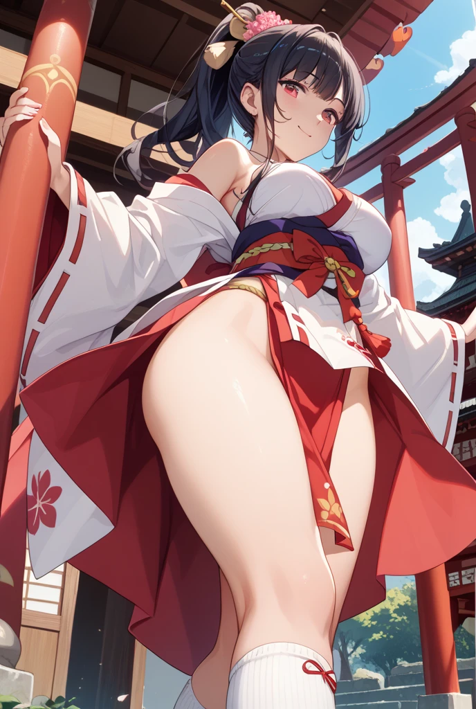 Anime works, score_9, score_8_superior, score_7_superior, score_6_superior, score_5_superior, score_4_superior,Shine \(Honkai: Star Rail\),One girl, Twin tails, Black Hair, Medium chest, Red eyes, Red eyeshadow, Fox Mask Template , , , , , She is 24 years old, , ,Excited, , , , style_3, ,,, floox style, . Sparkle is sleeveless、She is wearing a short, backless red kimono. Cherry blossoms and grey trim decorate the kimono.、The black stripes are overlapping。. From below, Camel Toe, From behind, Bloomers, View your viewers、naked、I'm doing a lot of money