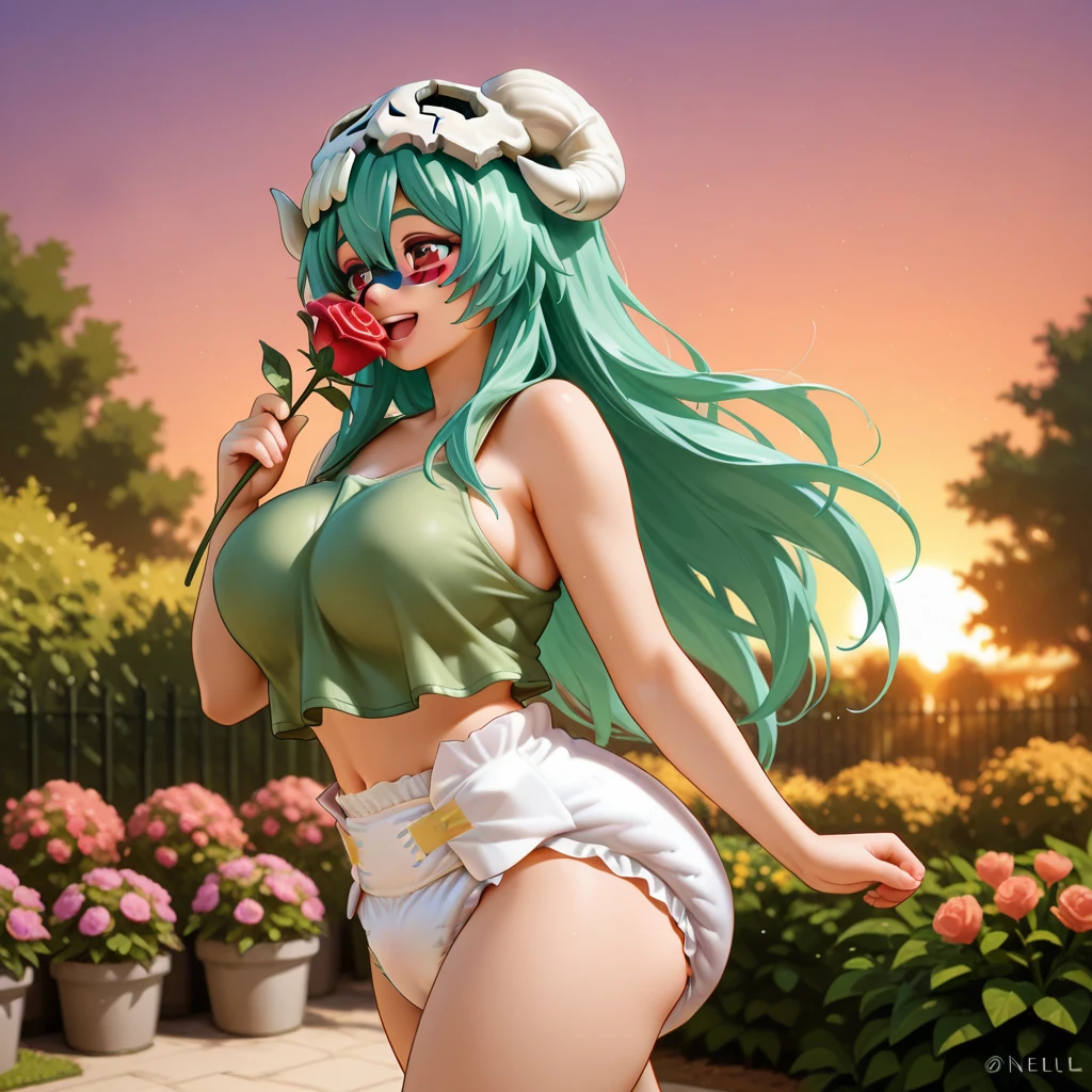 abigail stardew valley, purple hair, Pigtails. Miniskirt. Earring. Angel wings. Naked. . Heart-shaped vacant chest. Heart logo. Smile. Sunset beach. Straw hats. White wings.