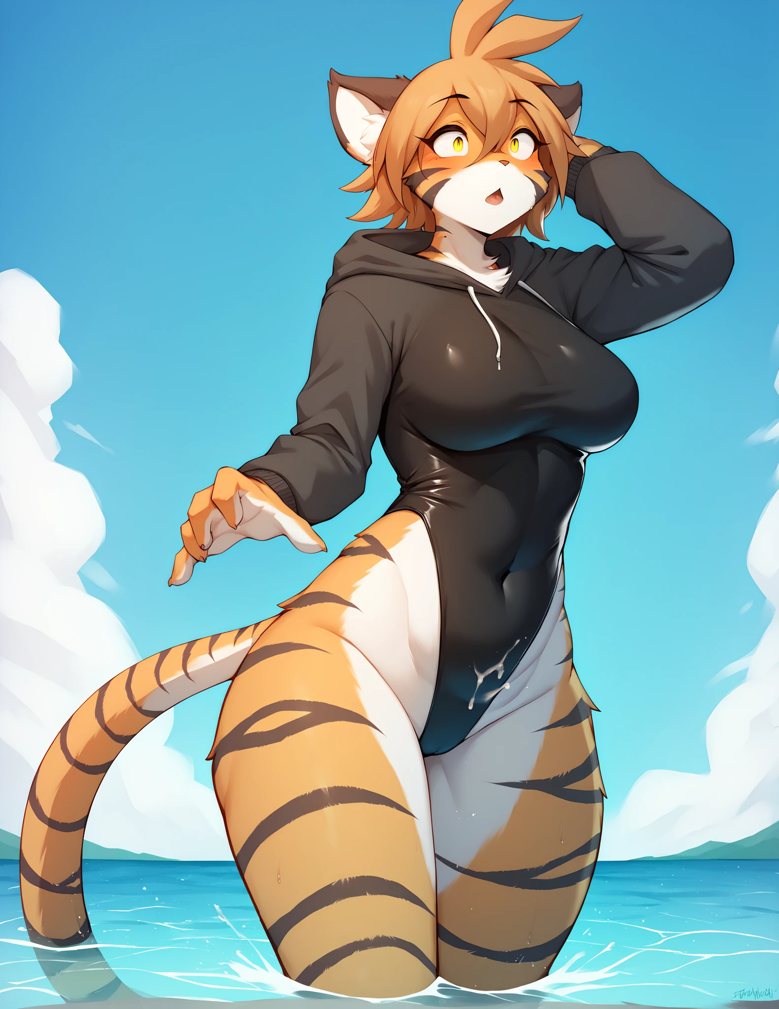 top quality, best quality, by rzminjourney, by vector-art, High-quality illustrations, masterpiece)(kemono, furry anthro)logo mark, round, female, tiger, slim body, big breasts, wide hips, clean eyes, yellow eyes, , climax, wearing a thong,orange fur, zoomed out. In the water, horny, 1 character, super wide hips, massive , ((wearing a black hoodie leotard)), female, fat ass, thiccc, thick thighs