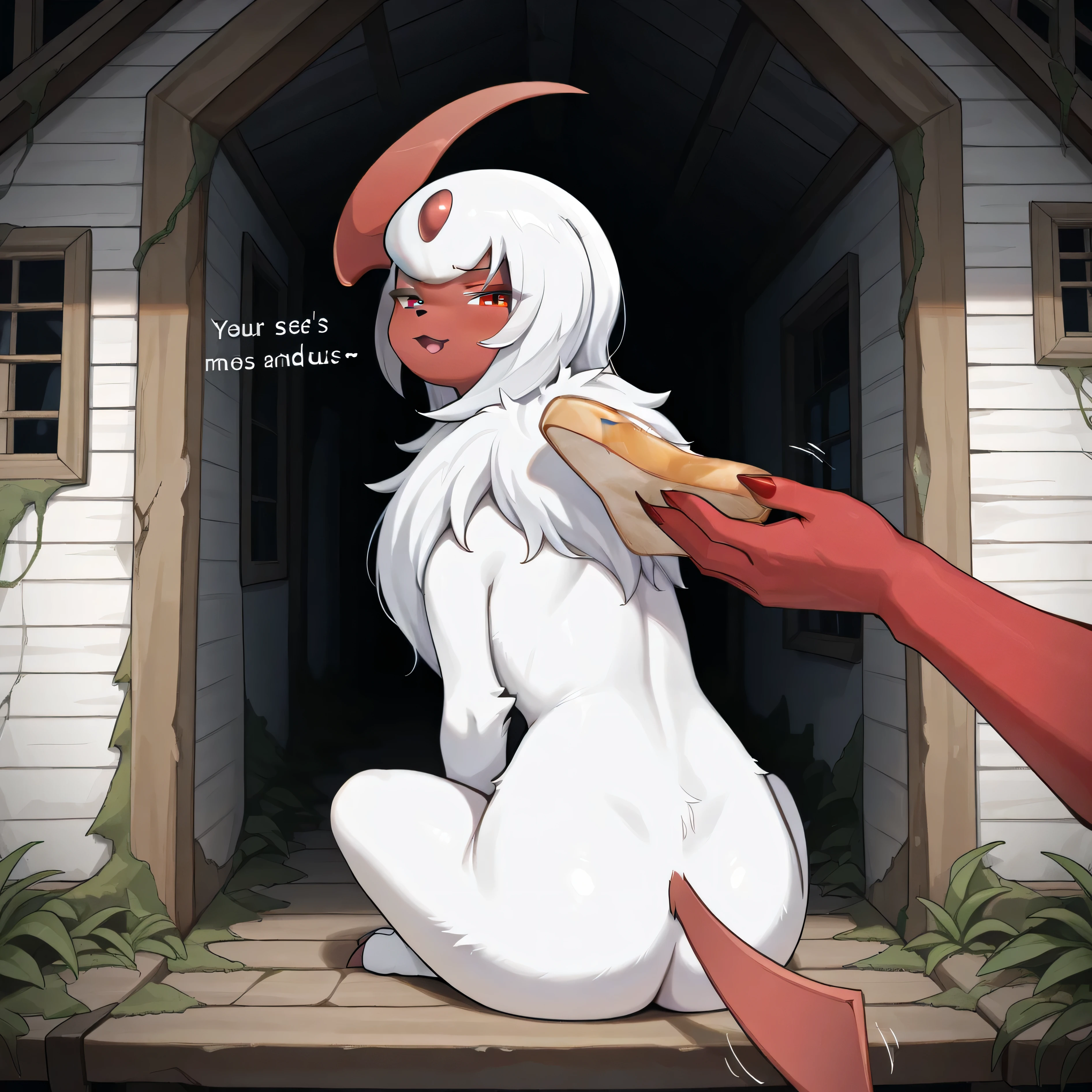 masterpiece, best quality, amazing quality, abandoned house, overgrown, 1girl, 1other, solo focus, absol, red skin, shiny pokemon, shiny absol, feral, quadruped, red claws, paws, fluffy fur, white fur, suspicious, raised eyebrow, sitting back, looking at viewer, wagging tail, idiotsandwichalt, holding food, bread slice, pov hands, disembodied hands, squishing absol head with bread slices, english text, viewer saying "who's an idiot sandwich?",