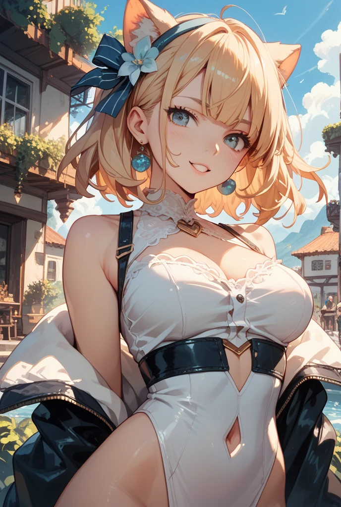 1 girl, blonde bob hair, heart shaped eyes, ♡, big breasts, lace queen, {girl with blonde bob hair named nao}, (Pink eye color), {race car}, (smile), bright background , mole under eye, Star-shaped choker, (masterpiece, highest quality), very detailed, highest quality, official art, beautiful and aesthetic: 1.2), (1 girl), very detailed, (geometry art: 1.3), colorful, most detailed ,(garden,beautiful flower々), (masterpiece, highest quality), official art, beautiful and aesthetic: 1.2), (1 girl), very detailed, (geometry art: 1.3), colorful