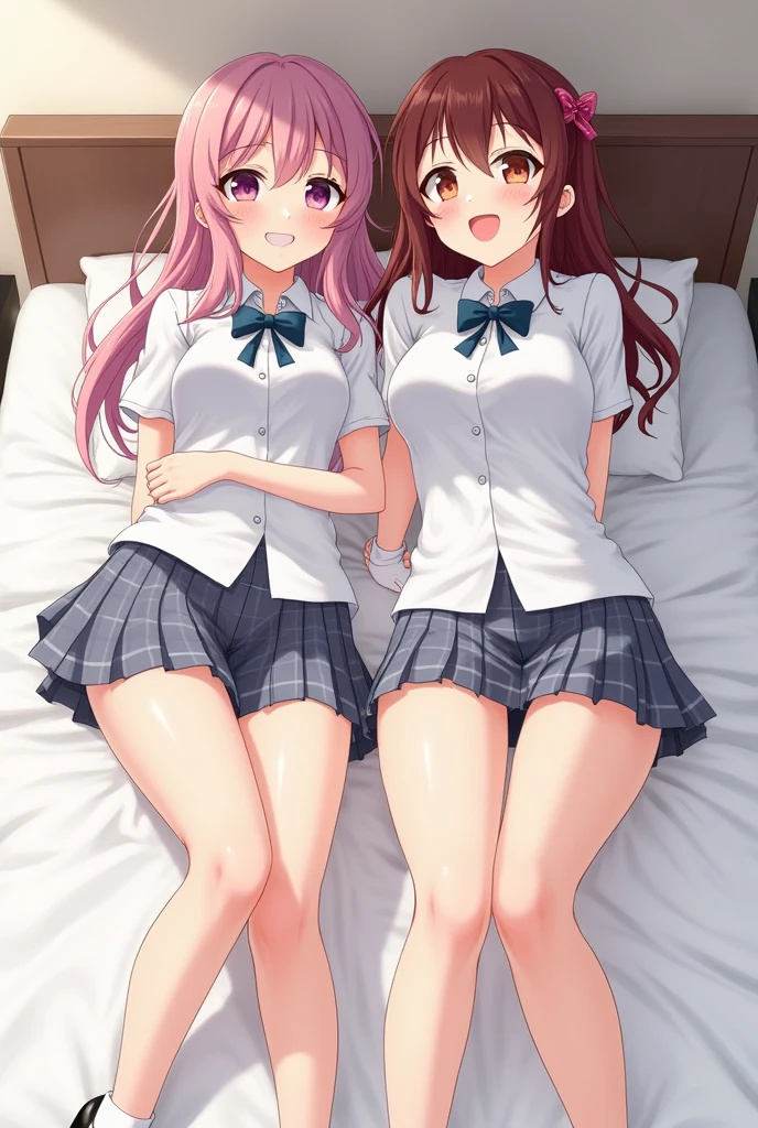 ((jk, 2girls)), (petite kawaii, bishojo), (cute, ahegao), (round eyes), ((masterpiece)), (best quality), (ultra detailed), ((highres)), (exquisite), (depth), (high standard), (beautiful and aesthetic), (super detailed skin), (perfect anatomy), (full body), (blush), (sun, school uniform), (bare foot), (big bow in hair), (lipstick), (own room), ((closed eyes, kiss))