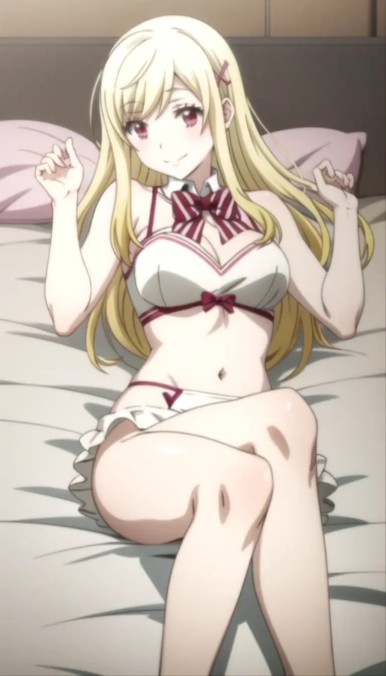 Anime girl lying on the bed in underwear., seductive anime girl, Best Anime Girl,  high school, beautiful and seductive anime woman, beautiful seductive anime teen, oppai, anime hi-fructose, attractive anime girl, anime girl named lucy, female anime character, anime girls, sankaku complex anime image, (anime girl) Yamada mocking smile_yellow, 1chica , by rubio, alone, wide, hair ornament, , smile, bow, red eyes my dress darling anime, beautiful seductress anime anime