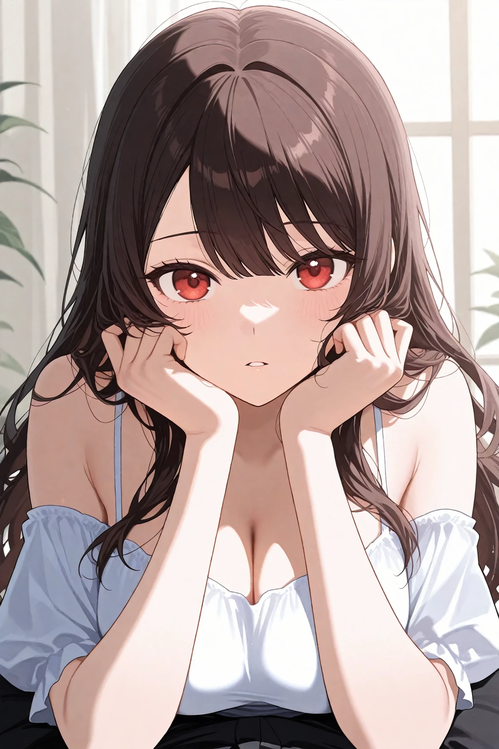 cleavage, hand on own face, (night:1.5), upper body、 (pale skin: 1.2), shiny skin, shiny hair、(A 25-year-old woman with medium-length hair and bangs) and (wavy hair) and (brown hair) and (orange eyes) and (half closed eyes), (white) and (off shoulder blouse), smile, (tears:1.1), The background is a hotel room、Alone、Are standing[
