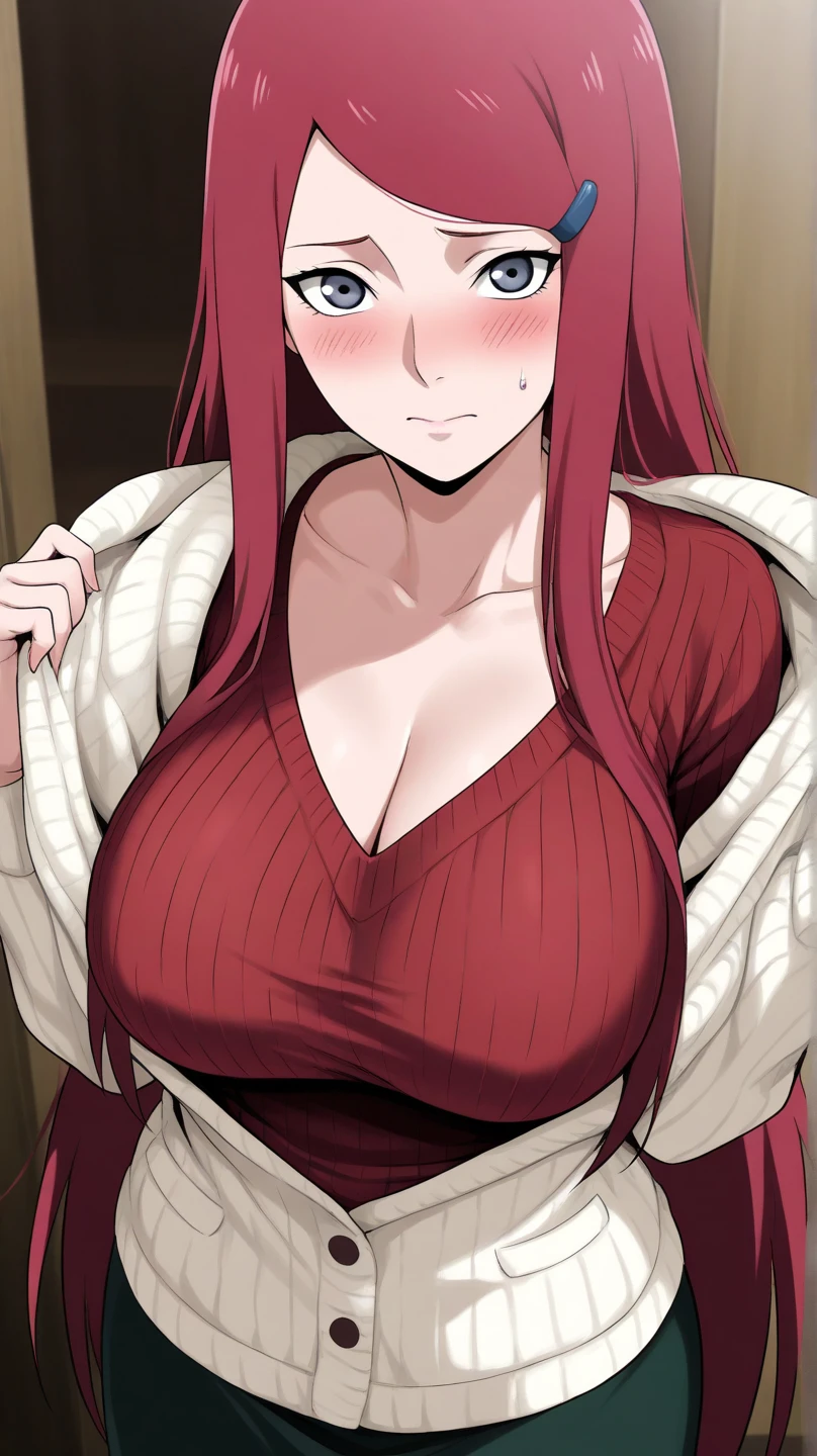 dress, hair band, maroon hair, milf, busty, huge  , long hair,  cleavage, emotionless, detailed, upperbody, nipples visible