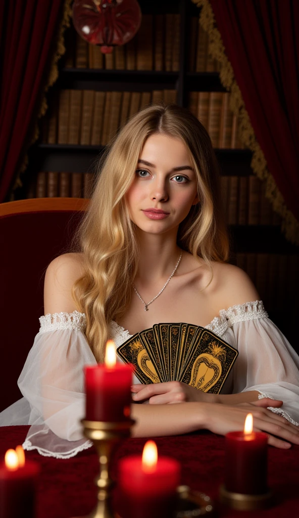 Create an 8K realistic image of a blonde, blue-eyed gypsy with an average age of 30. She is very beautiful, elegant, charming and attractive, with an intimidating posture, seductive and sensual, bulky busts. She is dressed in a flashy black low-cut dress adorned with red roses on top of her clothes. Play tarot cards The setting includes candles lit in the background of the scenery, creating a mystical atmosphere with vibrant and striking colors. The scene should have an atmosphere of mystery and charm, she needs to be sitting in a stylish armchair, have in your hands their cards, the gypsy is looking directly at the camera, his posture is straight and centered for the camera ''dslr'