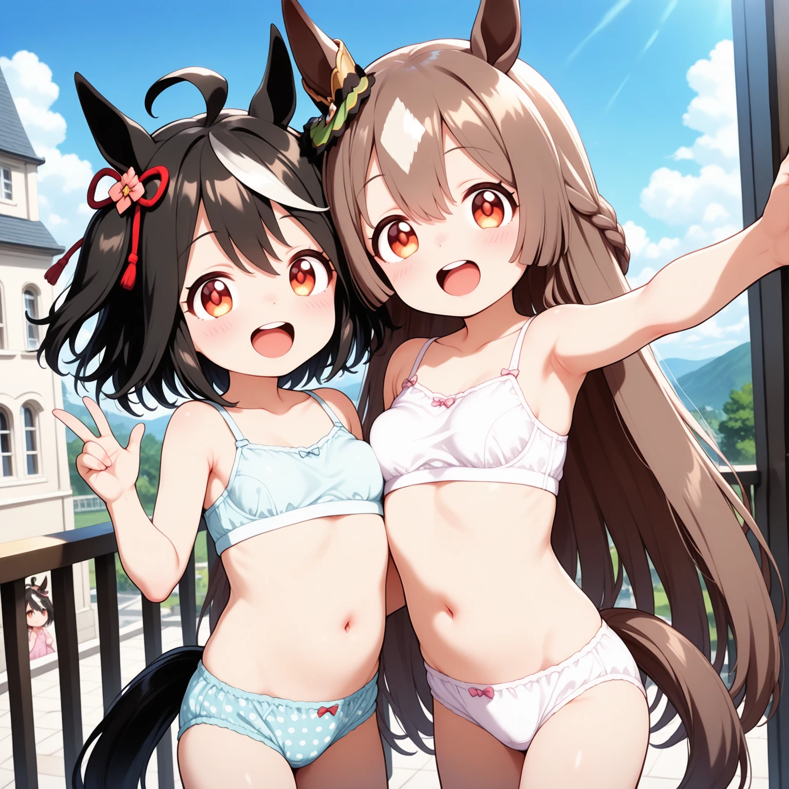 furry girl, wolf, black hair, punk hairstyle, huge long spiky ponytail, anime style, small breasts, red eyes, ((deep red bikini ruffled triangle, high cut bottom, star necklace, beach sarong with stars on hips)), high quality, detailed body, detailed eyes, detailed face, masterpiece, glistening body, detailed body fur, best quality, two tone body, gray fur, clear gray fur, perfect lighting, perfect shadows, perfect eyes, perfect hair, perfect face, gorgeous body, skinny, :3, hug another, 2 girls,