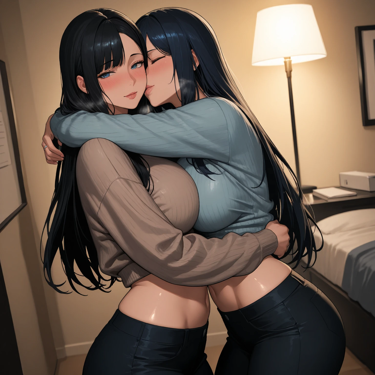Ten-four lesbians(with her clothes very tight ), big breasts, very sexy big thighs ,that he kisses his girlfriend just as sexy as her(naked) let them kiss very sexy, let them kiss very sexy