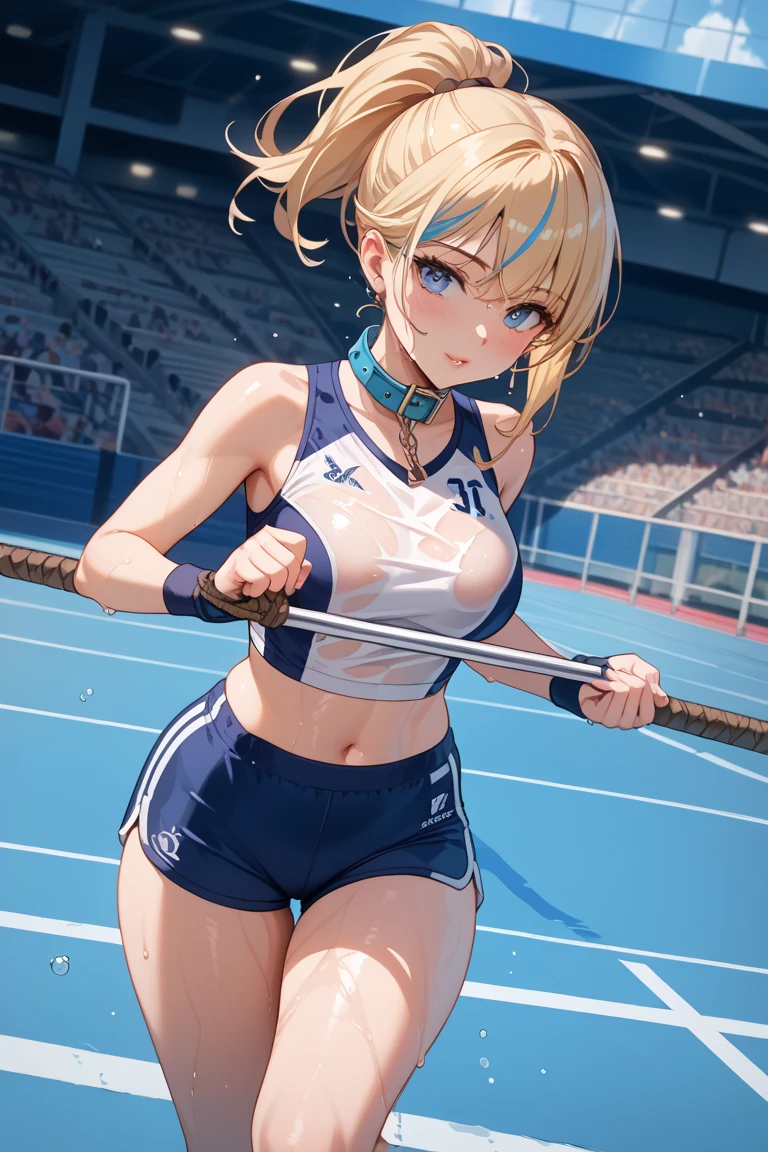 #Basic
A girl posing for a photo, (((One Girl))), (((Baby Face:1.4)) + ((cute:1.4)) + ((15 years old))),
break
#Clothing Accessories
((Pink athletics uniform) : ((Blue Line)) + ((Sports Bra)) + ((High leg racing bloomers))),
(Red Gem Earrings),
break
#Features
((Blonde:1.2)) + ((Center-parted bangs + Very long side bangs)) + ((ponytail:1.4 : Short Hair + Curly hair + Curly Hair + Tied with a blue ribbon)),
((Droopy eyes:1.4, Big eyes:1.2), blue eyes), (Small breasts:1.2), (中立的な顔のFeatures),
break
#background environment
((noon + Athletics Stadium:1.2, blue sky)),
#Facial Expression Pose
((smile)), ((Arms folded under chest、Stand firmly on both feet, My body is wet with sweat, Abdominal muscles:1.5)),
#composition
((Angle from the front:1.2, Cowboy Shot)),
break
#Body parts elements
(Slim figure),
(Symmetrical facial features),
(Detailed Hair, Beautiful Hair, Shiny Hair),
(double eyelid, Long eyelashes, Thin eyebrows:0.5, Thin eyebrows:0.5),
(Expression of fine eyes, Beautiful and delicate eyes, Sparkling eyes, Eye Reflexes, Glitter Eyeliner),
(Human Ear),
(Beautiful Nose, Thin Nose),
(Glossy Lips, Beautiful Lips, Thick lips),
(Detailed skin, Textured skin, Beautiful Skin, Oily skin),
break
#quality
(((最高quality)), ((masterpiece:1.3)), ((Very detailed))), ((Ultra-high resolution)), ((16K)), ((1080P)), ((Full HD)),
((Anatomically correct)), ((Realistic)), (3DCG), ((Oil painting)),
((comics, anime)), (CG illustration), (RAW Photos),