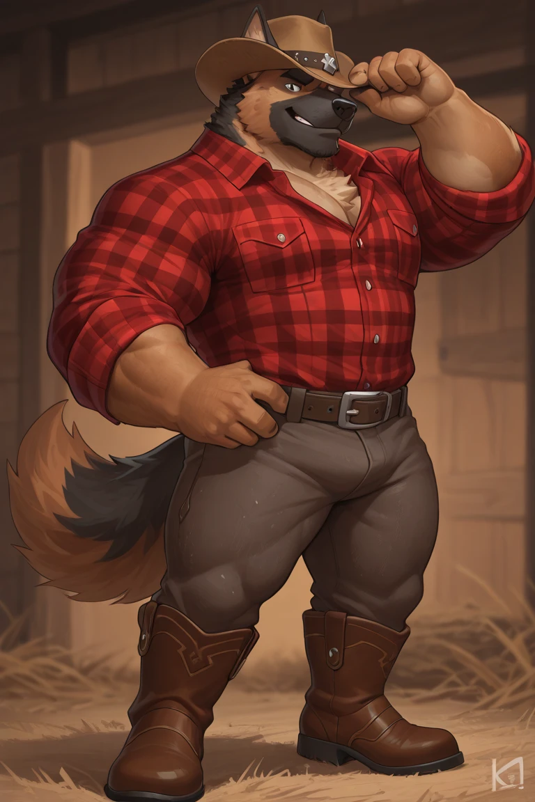 solo, male, german shepherd, topless, wearing a black party domino eye mask, superhero mask, smirk, overweight, detailed bulge, tight blue jeans with brown belt, brown tall cowboy boots, at a bedroom, by chunie by darkgem, full body view, flex pose on the bed