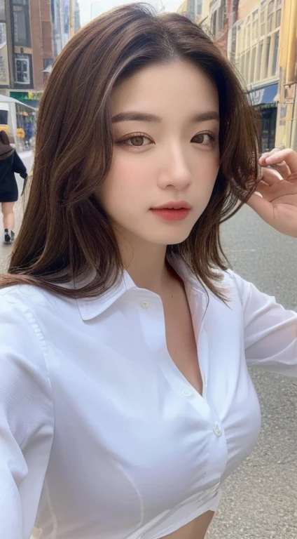 ((((nurse、nursing uniform、))))、((realistic lighting、highest quality、8K、masterpiece:1.3))、clear focus:1.2、1 girl、perfect figure:1.4、slim abs:1.1、((dark brown hair))、(white crop top:1.4)、(outside the house、night:1.1)、street、super fine face、narrow eyes、double eyelid、