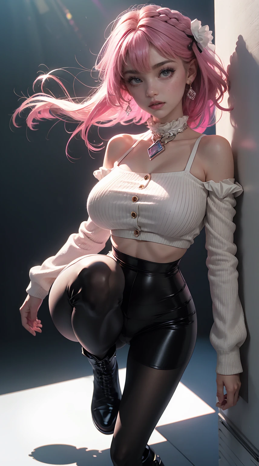 Best quality, solo mature woman, giant breasts, giant ass, very curvy, low ponytail curled at the ends, aqua green eyes, full lips, seductive, smiling, pink frilly slevee top, tiara, tight leggings, sun necklace, sun earring, thick thighs, curvy physique, (wearing a diaper), (diapered), (big plastic diaper), (ABDL), (dominatrix), ((black latex)), (beautiful smile), ((goth)), ((eyeliner)), (makeup), ((satin)), (bright colorful), (playful), (colorful lighting), (blue lightinodern background), (tidy room)