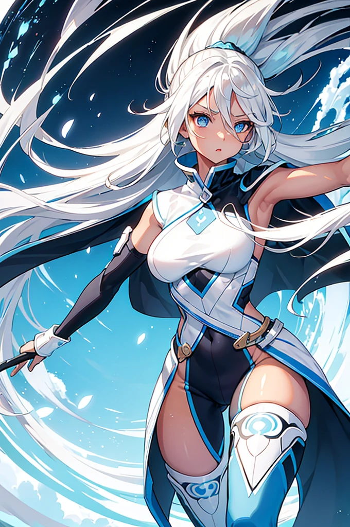 Korean girl, white long hair with bangs, icy blue eyes, white skin, white skimpy ninja suit, video game style, mortal kombat style