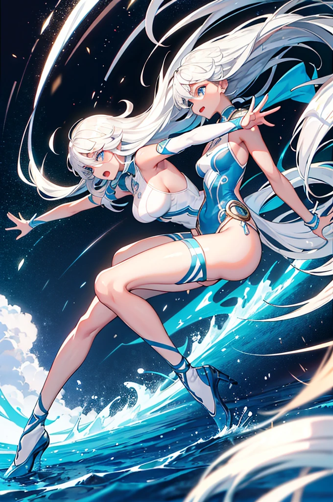 Masterpiece artwork， best qualityer，elf, Delicate facial features，dynamic poses， nsfw， 1 ， platinum blonde hair， cabelo longo e branco， blue colored eyes， big and live breasts， witheout panties,