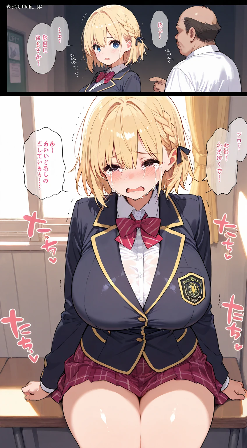 masterpiece, absurdres, best quality, ultra detailed, high Resolution, detailed illustration, bright colour, (extremely beautiful detailed face and eyes, Delicate beautiful face, 1 girl, cute face:1.3), (magenta eyes:1.1), sparkling eyes, big eyes, medium breasts, (perky breasts:1.1), (pointy breasts:1.1), medium hips, glamorous body, white skin, BREAK, long bob cut, (blonde hair:0.8), messy hair, detailed hair, shiny hair, BREAK (undressed, school uniform:1.5), (SEX, vagina, rape:1.3), perfect lighting, (embarrassed:1.5), (ecstasy, vulgarity:1.5), (trembling:0.8),