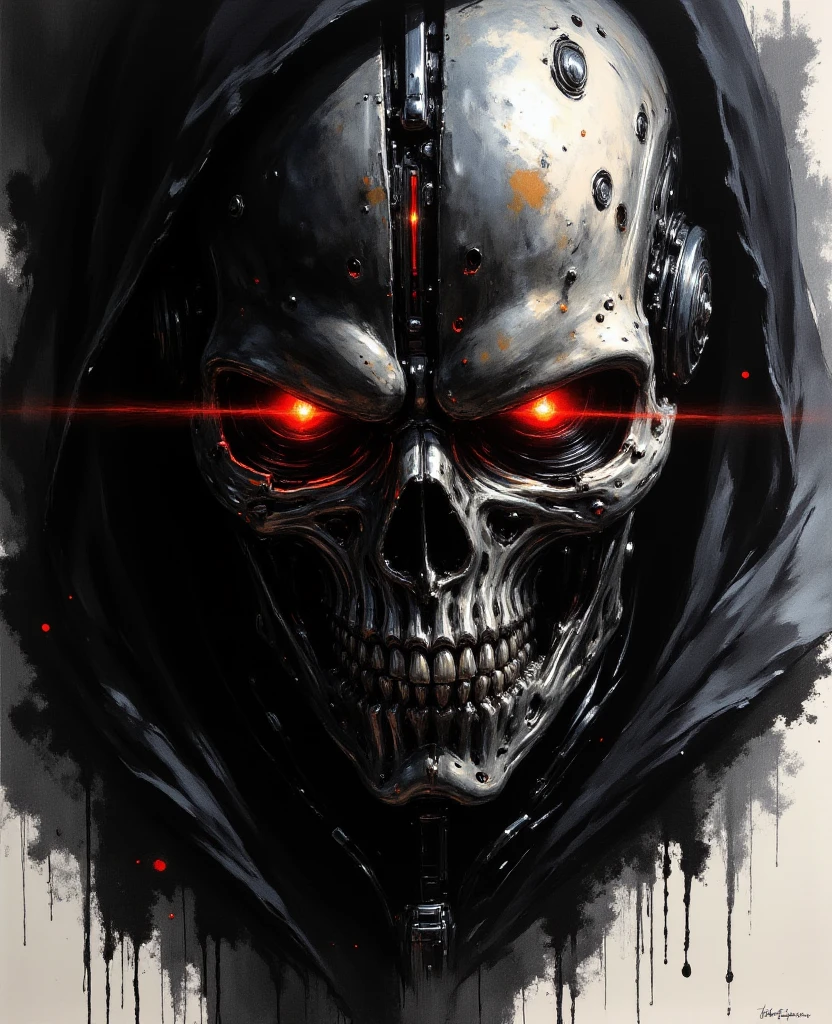 a close up of a person wearing a hood and a skull mask, metal and glowing eyes, metal skull with red eyes, dark but detailed digital art, portrait of a cyber skeleton, cyberpunk skeleton, hooded skull, hr giger. 8 k, menacing. unreal 5, terminator skeleton, cyber skeleton, face of an armored villian, evil robot