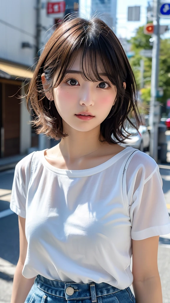 8k, RAW Photo, Best Quality, Masterpiece, Realistic, PhotoRealistic, Extremely Detailed 8k Wallpaper, Beautifully Detailed Eyes, Finely Detailed Face, 
 BREAK 
Cinematic Lighting, Rim Lighting, 
 BREAK 
(((1 Girl, 
s-bridge:1.8, t-skytree:1.8, s-river:1.8, bluesky:1.8))), 
Perfectly Anatomically Correct:1.0, 5 Beautiful Thin Finger:1.0, 
 BREAK 
1 Girl, 
Very Short Bob Hair:1.2, Symmetrical Clear Eyes:1.1, Captivating Eye Reflections:1.1, 
[[Kawaii, Japanese], Wide-Set Eyes, [Big Eyes], Almond-Shaped Eyes, tareme, (Double Eyelids), [Eye Bags], (White Skinned), Blush, Embarrassed, 17-Year-Old, 
(Round Face), [Chiseled Face], Round Chin, Thin Lips, [Small Nose], [Oval-shaped Face], (Wet Hair), [Messy Hair], Open Mouse, [Pouted Cheek]], 
Clothing Random SHIMAMURA Tops + Bottoms, 
Looking Back Viewer, 
 BREAK 
SFW:1.0, 
 BREAK 
(Low Angle:1.2), Soft Saturation, Soft contrast, bokeh:1.2