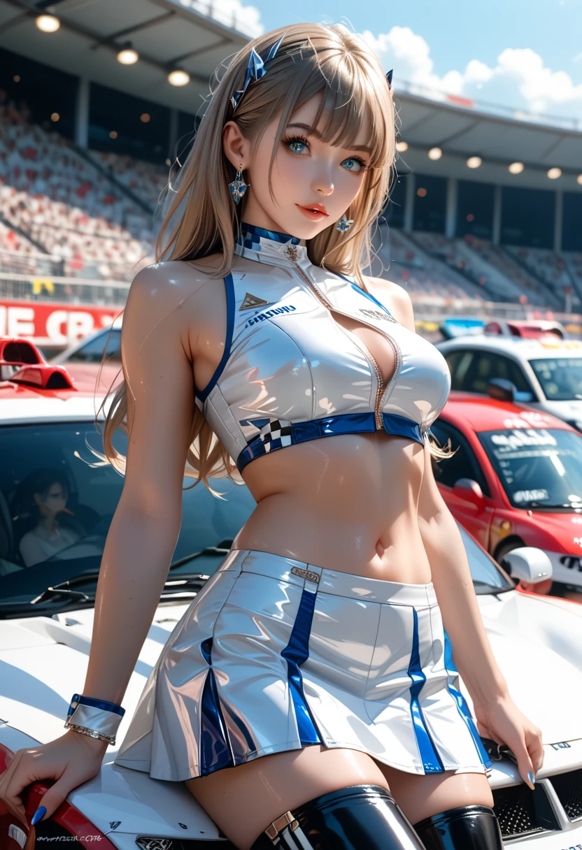 Masterpiece, Ultra High Definition, (Photorealistic:1.4), 8K, RAW Photography, Best Quality, Detail Shadows, Best Quality, Amazing, Fine Detail, Official Art, Absurdity, Soft Lighting, Sharp Focus, (Bokeh:1.5), Frontal Light, Bloom, Movie Lighting, Light on the Face, Look Viewer,Full Body:1.3
1 person, (small:1), (cleavage:1.2), (silver hair:1.2), (long hair:1.3), (bangs:1.5), very cute, (narrow waist:1.8), (abs:0.7), 23yo,(clavicle:1), (wide forehead:1), (wide forehead:1), (Japan face:1.3), (drooping eyes:1.8), (wide forehead:1.5), (fair skin:1.5), (transparent skin:1.3),(Japan idol:1.3), ( Cute:1.3), (laughs:1.6), Grid Girl, (Race Queen), (Wearing a grid girl costume with sponsor's logo printed on it:1.4), (Colorful:1.5), (Standing in a motorsports race: 1.5), (Motor circuit: 1.5), Racing Car, (Skirt: 1.1), (Sleeveless: 1.8), Knee boots
Photorealistic