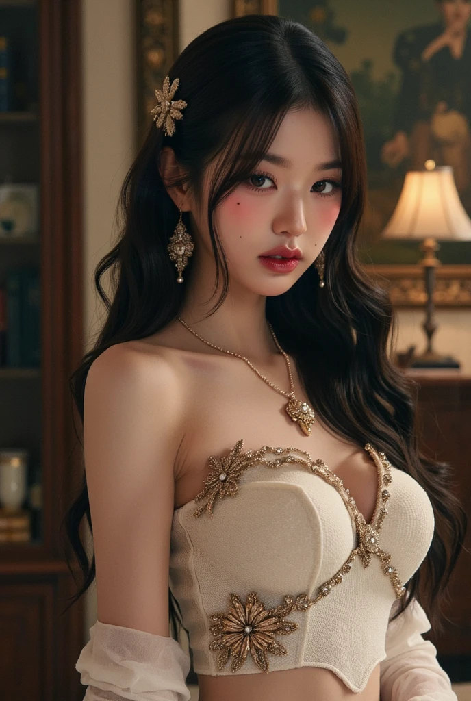 (best quality,4K,8K,high resolution,masterpiece:1.2),Extremely detailed,(Practical,photoPractical,photo-Practical:1.37) The eldest princess Li Yunrui reclines on the couch,Face full of laziness,Look charming,Wearing only a white jacket,under thin silk,Body curves exposed,There is a hint of youthfulness in the maturity,If the men in the world saw this outfit,,I'm afraid they will all bow down under those bare feet。