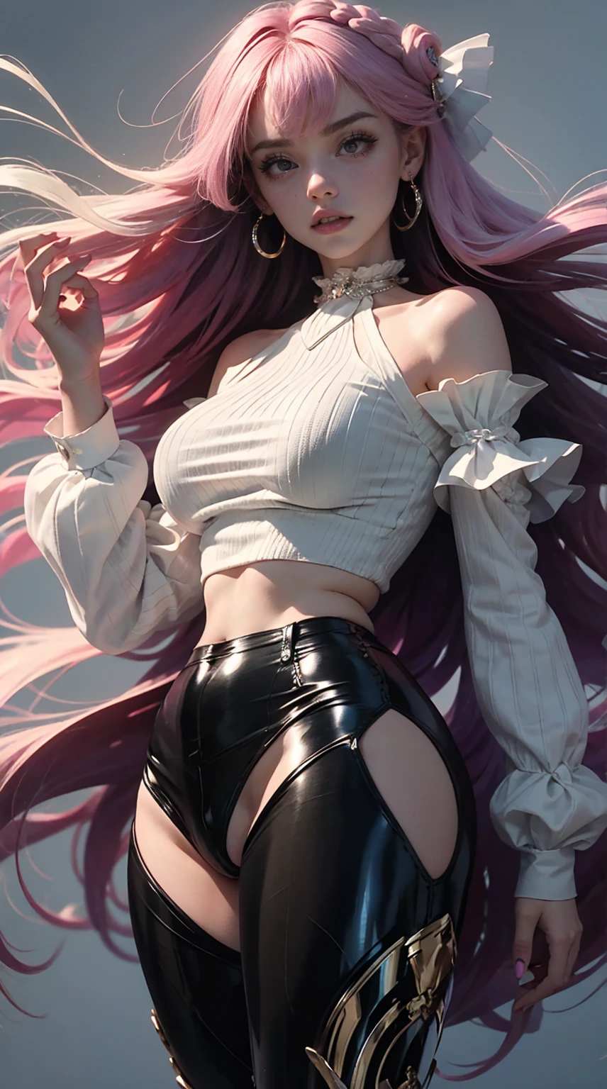 masterpiece, best quality,portrait of 1girl1girl, solo, jewelry, star (symbol), earrings, crop top, necklace, shorts, long hair, midriff, cowboy shot, pantyhose, detached sleeves, pink hair, star print, shirt, breasts, bare shoulders, star earrings, turtleneck, wavy hair, sleeveless, curly hair, short shorts, white shirt,simple background,