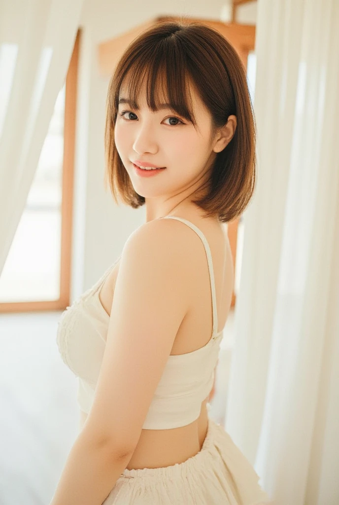 8k, Ultra-high resolution, Highest quality, masterpiece, 三分割法によるphotograph,Surreal, photograph, 1 girl, (16 years old:1.3), pretty girl, Cute face, Beautiful eyes in every detail, 細かくdetailedに,masterpiece,, One Girl:1.2, Japan Female Announcer,whole body,Young Wife,Urban area,street tree,Mini length dress,Full of cleanliness,A carefree smile,Healing the heart,Short Bob,Looking at the audience、beauty,Long neck、Laugh a little、Please close your mouth and laugh、(((Ideal body type))),A-cup small breasts :2,、Portraiture:2、Perfect Anatomy、鮮明なdetailed、detailed、Surreal、Light and shadow,Strong light