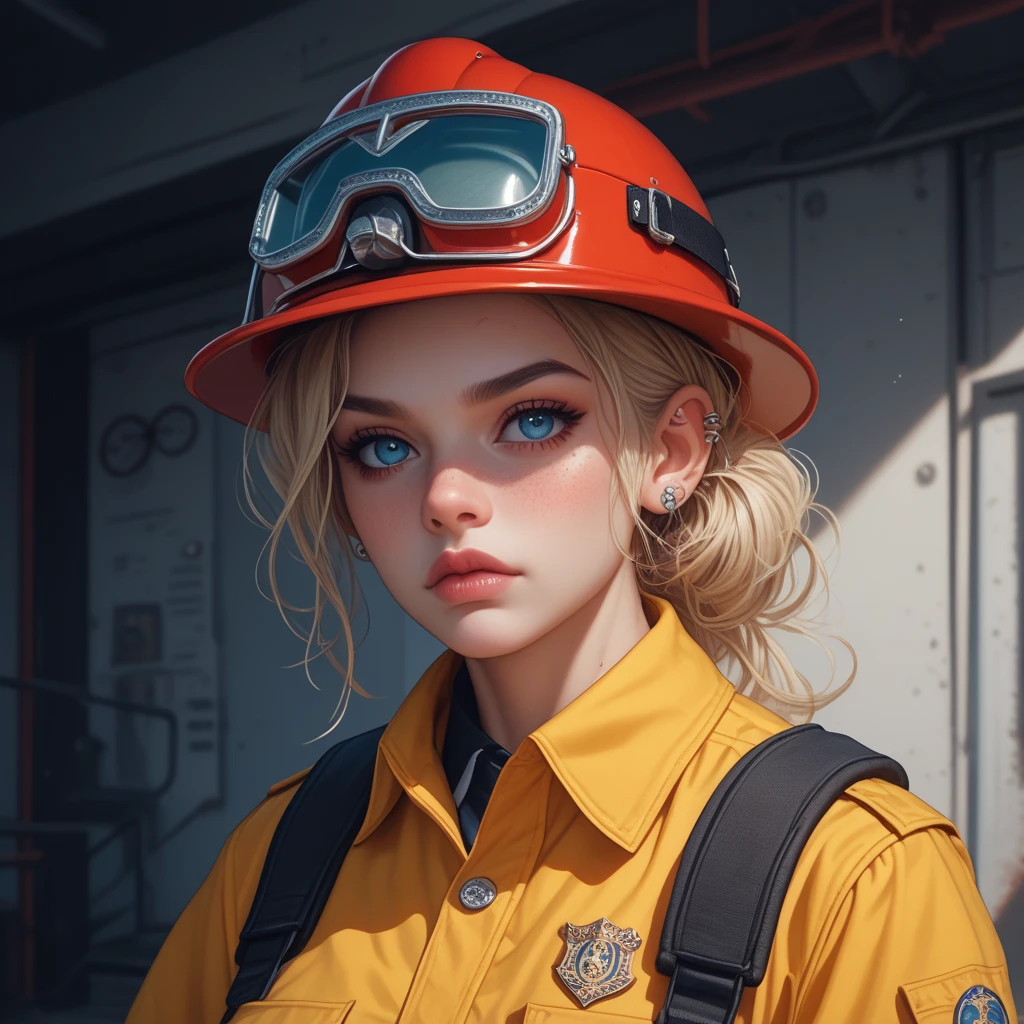 Beautiful female Firefighter , green short hair, blue eyes,Conceptual art, best photo shot, glowing light, realistic, UHD, textured skin, masterpiece, anatomically correct, best quality, 8k, full body,