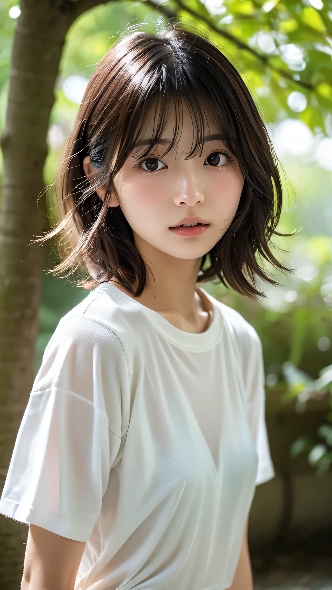 masterpiece, Best Quality, 8K, 1girl, Correct human hands, correct human fingers, japanese girl, face closeup, Cute, Girly, Delicate girl, Neat and clean beauty, medium breast, sexy lips, luminescence, Looking away, Raw photo, F/1.8, 135 mm, NIKON, Anatomically correct, bokeh,Textured skin, Professional Photography, Portrait, Soft light, Professional Lighting, back light, Film grain, (Eyes and faces with detailed:1.0), brown hair, short hair swaying in the wind, T-shirt