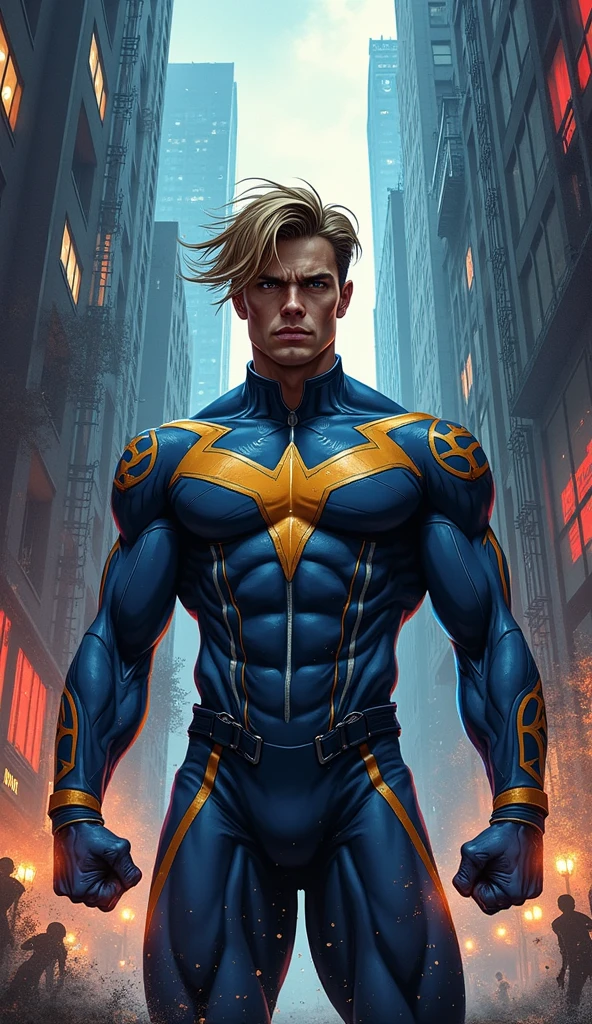 The greatest hero of all time all might, blonde, hair, blue eyes, extremely tall, and muscular