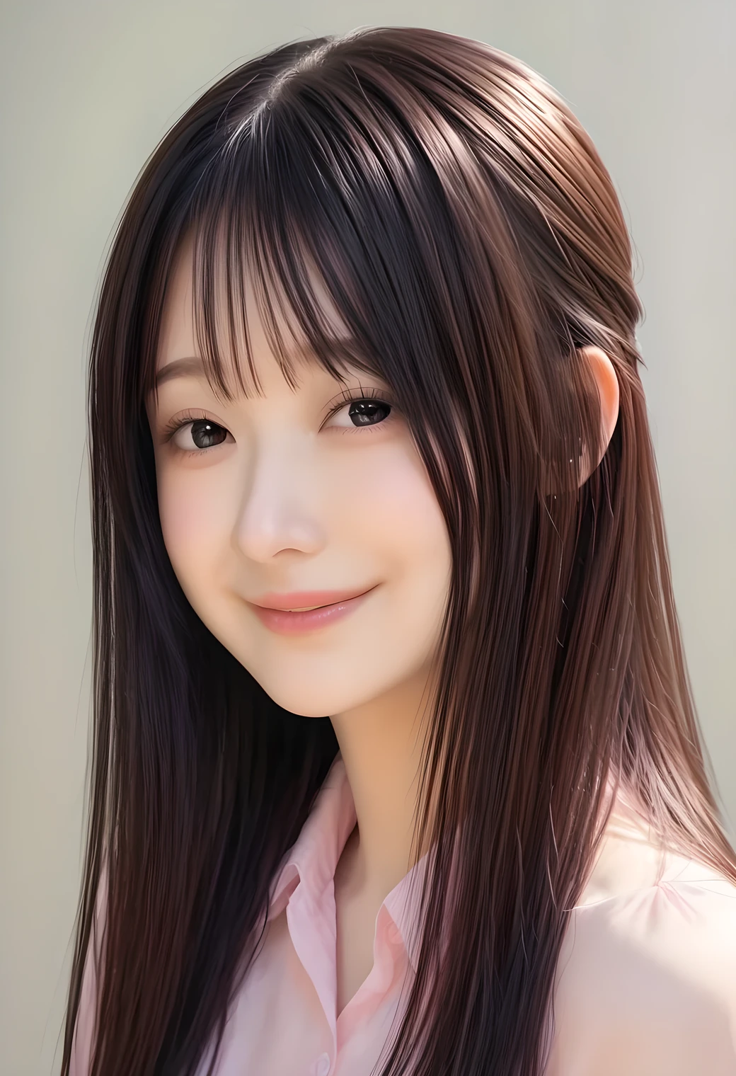 ultra-realistic, photorealistic, best quality, 8K, top-quality, masterpiece, ultra-detail, super high resolution, Improvement of quality, Enhances the beauty of skin texture, Clean and glowing skin, Smoother lighting, Improving the quality of cinema lighting, Backlight, A gentle light for face, 32K, 1girl, solo, Japanese girl, gModle_LB, small head, perfect female body, Skinny, Slim Waist, (delicate looks, soft, belle, tender, fragile:1.2), Small Breasts, detailed skin, smooth skin, (fair skin, white skin:0.5), Natural Lips, Beautiful Face, (thin Girly White Collared blouse), High resolution, Natural look, Improves hair quality, Delicate light and shadow, Beautiful Eyes, Sharp details, Soft light reflection, Delicate skin tone, Fine hair texture, (beautiful long hair), pink cheek, (Light Smile:1.1), Beautiful and perfect face, perfect anatomy, Kind eyes, (beautiful black eyes:1.4), (beautiful detailed eyes, detailed eyes:1.2), gray background, gModle_LB(PONY), from front, beautiful face,