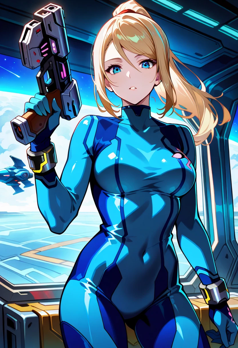 masterpiece, best quality, highres, 1girl, solo, superhero, leotard, bare legs, boots, matching boots, aura, blue aura, sleeveless, gloves, bracelets, matching gloves, looking at viewer, light particles, city backdrop, perfect hands, perfect eyes, powering up, perfect leotard, perfect legs, perfect arms, perfect fingers, blue and white leotard, blonde hair, blue eyes, medium breasts, long hair, standing, hands on hip, closed fists, full body,