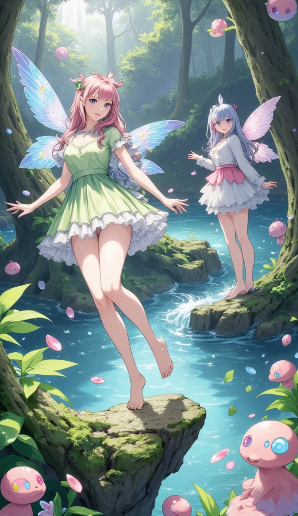 Fairy Winged Girl　1 persons　Moonlit　in woods　Sitting on a fallen tree　Putting your feet in the river　Longhaire