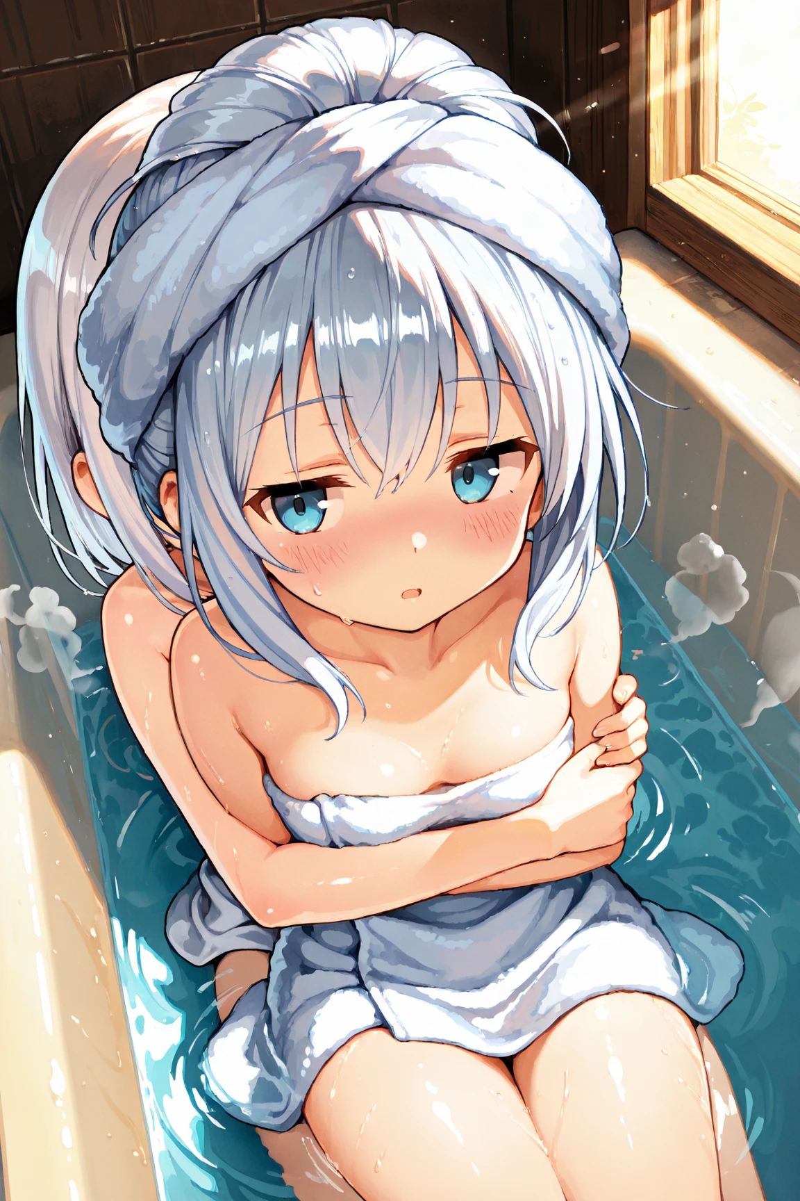 White hair, short hair, blue eyes, (((wrapped in a bath towel))), wet body, (((black wrapping over right eye))), hot spring background, medium sized breast, small-medium thighs