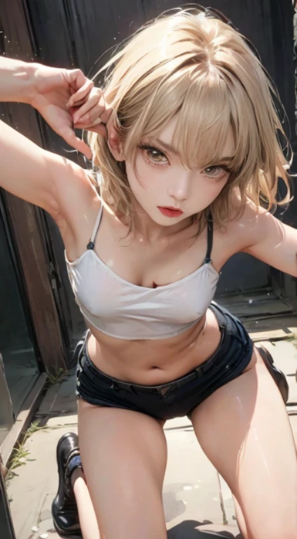 8K, Top Quality, Intricate Details, Ultra Detail, Ultra High Resolution, Masterpiece, close up shot, (full body: 1.1), Slender, Smile, (Makeup: 0.4), (walking), (Fluffy Eyes: 1.21), ((bangs)), 1girl, solo, 1 girl, (((purple eyes, green hair, bangs, long hair, high ponytail , )), (()), close up shot, , ((tall)), (((fit body))), (((slim face))), sharp face, (( ripped mini crop top, torn mini pants , , no bra, no panties, no inwear, no underwear, cleavege , crotch)) , (detailed face), sharp face, small lips, ( walking), walk pose, walking pose,
((,, )), , ((,)), detailed face, detailed breast, large breast, huge breast, (( )), detail ass, Narrow Waist, Skinny, tall , 175 cm tall, Muscular, Navel, Exposed Abdomen, Pointed Chest,, Beautiful girl with accentuated slender abs: 1.4, Six Pack Abs: 1.4,, Perfect Body, detail leg, (( dark background)), black background,
