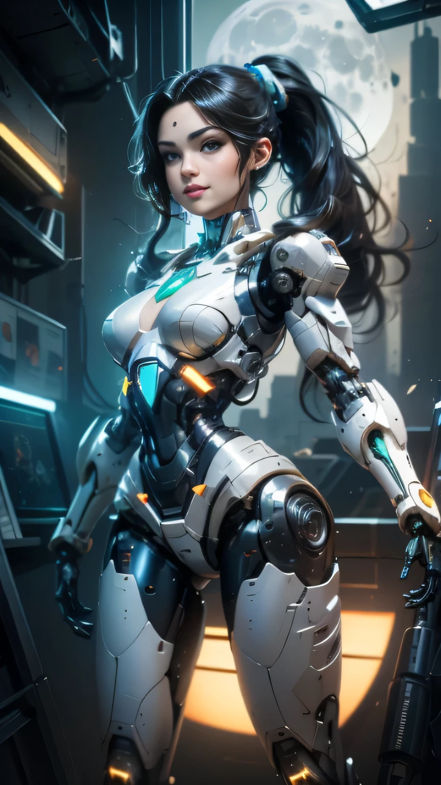((Highest quality)), ((masterpiece)), 8K quality, (detailed), High Resolution Skins:1.3, Realistic skin texture, full body, slim figure, (smile), close mouth, Natural Makeup, fluffy long hair, Messy Hair, (Looking at Viewer), ((Photograph the upper body from the thighs up)), sharp focus, Bust B cup, Beautiful eyes in every detail, realistic eyes and face details, depth of field, View from the front, (((black semi-long hair, Ponytail))), (beautiful eyes with attention to detail , Beautiful eyelashes, Emerald Eyes ), (A woman in a white robot suit poses in a spaceship with big window), (the Moon is visible from the spaceship window), Hair blowing in the wind, (The robot suit has LED indicators and meters), the mechanical parts and big robot are visible, woman has cybernetic enhancements, glowing neon lines, neon lights, Advanced technology, High-tech products, Beautiful half-Caucasian cyborg girl, cute Cyborg Girl, Beautiful Cyborg Girl, Perfect Robot Girl, Cyborg Girl, Young cyborg woman, beautiful Female Robot, Beautiful robot woman, Cyborg Girl, Perfect cyborg woman, Porcelain Cyborg, Female Robot, Beautiful Cyborg Images, (full body Mecha cyber armor), A female android combatant from the future, dramatic lighting, Color holographic projection, Reflective surface, ((Shooting at a low angle)),(Delicate light and shadow,The picture is highly dramatic,Cinematic lens effect),Exceptional detail,The lighting effect is outstanding,(Excellent rendering),