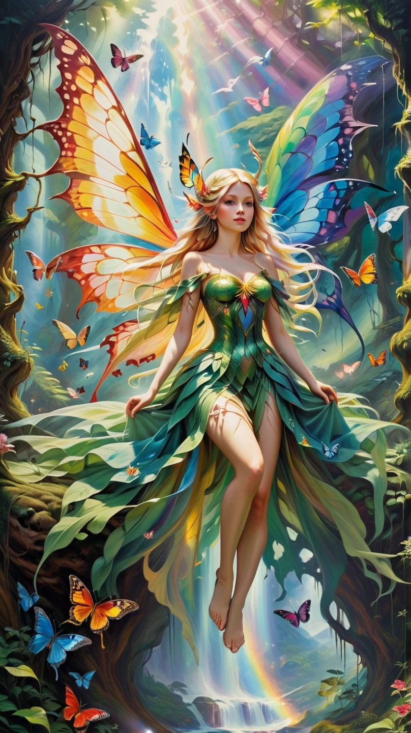 a picture of a jungle fairy, an extraordinary beautiful, elegant beauty, divine beautiful fairy, ((anatomically correct: 1.5)) spread butterfly wings, colorful wings, pink eyes, glowing eyes, (ultra detailed face: 1.2), best detailed face,  blond hair, rich hair, wavy hair, glamour dress, wild dress, dress decorated with jungle flowers,  sitting on massive heliconia tree the rain forest, sun rays coming through the trees, Hyperrealism style, vibrant, Ultra-high resolution, High Contrast, (masterpiece:1.5), highest quality, Best aesthetics), best details, best quality, highres, ultra wide angle, 16k, [ultra detailed], masterpiece, best quality, (extremely detailed) RAW, Cinematic Hollywood Film style, FairyTaleAI, fairy wings, digital painting