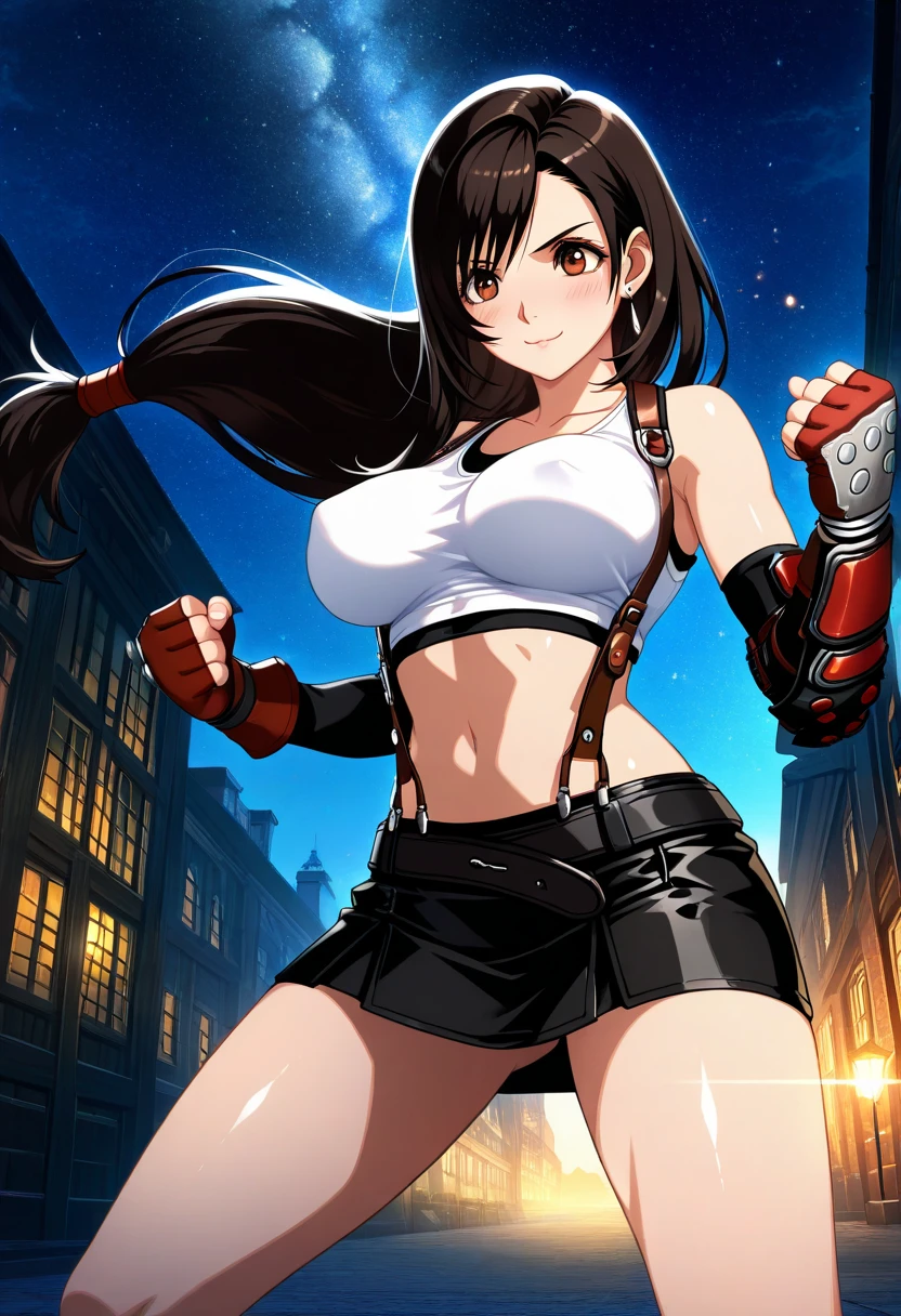 best quality, ultra-detailed, high resolution, extremely detailed CG, unity 8k wallpaper, super detailed skin, detailed, dynamic lighting, beautiful detailed eyes, defTifa, white crop top, elbow pad, fingerless gloves, suspenders, very short pleated miniskirt, red boots, bar counter, showing panties, dynamic pose, red eyes, serious, smile, fighting stance, sparring,
