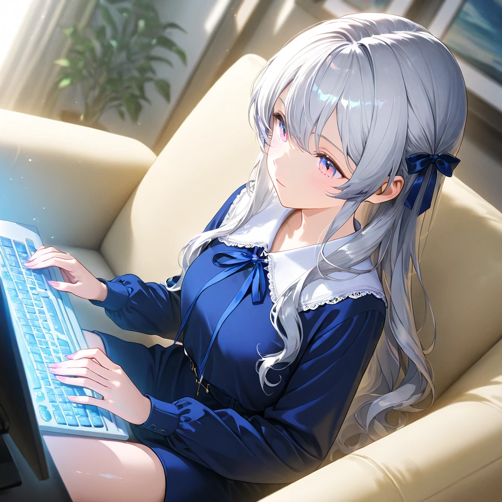 (masterpiece, top quality, best quality, official art, beautiful and aesthetic:1.2), (1girl), extreme detailed, (Gawr Gura:1.2), Long hair, (Hawaiian shirt, small breasts,:1.1), Desk, Office chair, sitting, (Cocaine bricks on the desk:1.1), Table lamp, Safebox
