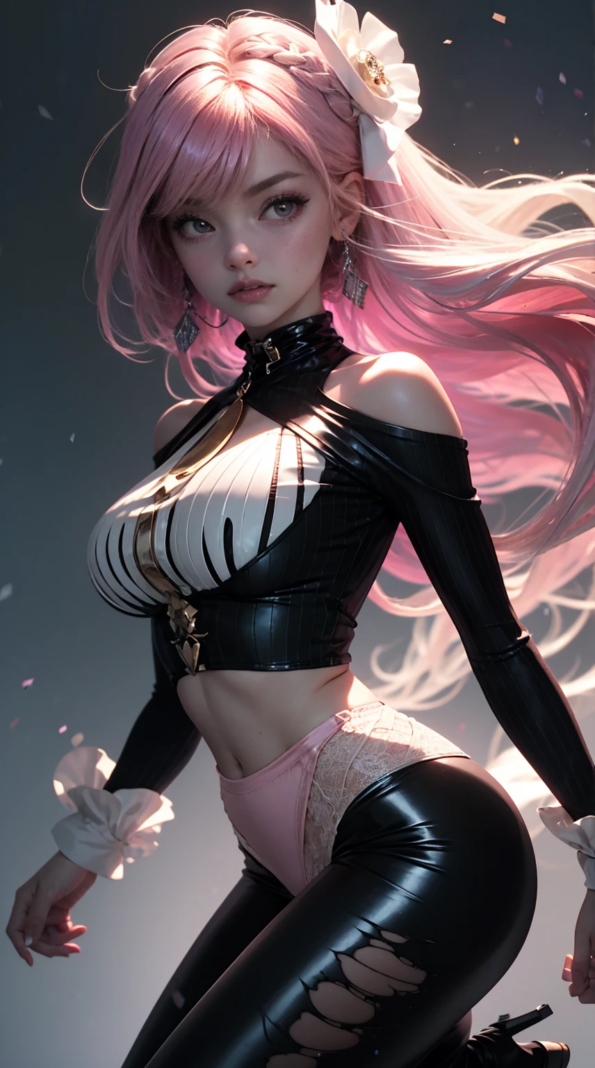 Red, pink, white, black, (blonde hair woman, accentuated super huge enormously gigantic tits with cleavage showing, sexy seductive slutty pose),tattoo sleeves, (harajuku inspired hip hop cyberpunk techwear kimono:1.1),abstract swirling graffiti patterns lines and circles background, cherry blossoms blowing in the wind